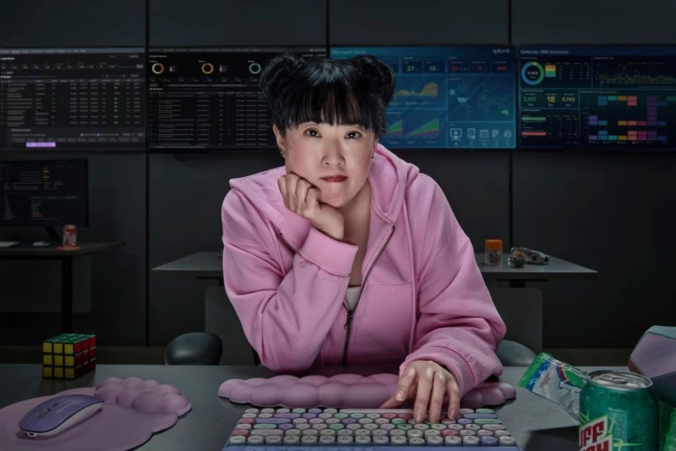 Woman in a pink hoodie sits at a desk with monitors, typing on a colorful keyboard in a dark room with scattered snacks and a Rubik's Cube.